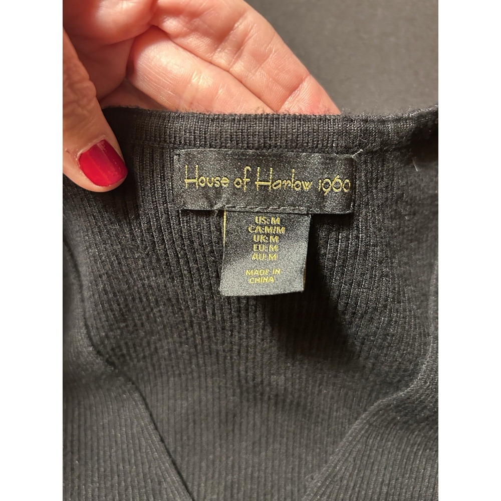 House of Harlow 1960 Black Long Sleeve V-Neck Ribbed Knit Bodysuit Womens Medium - Picture 10 of 16